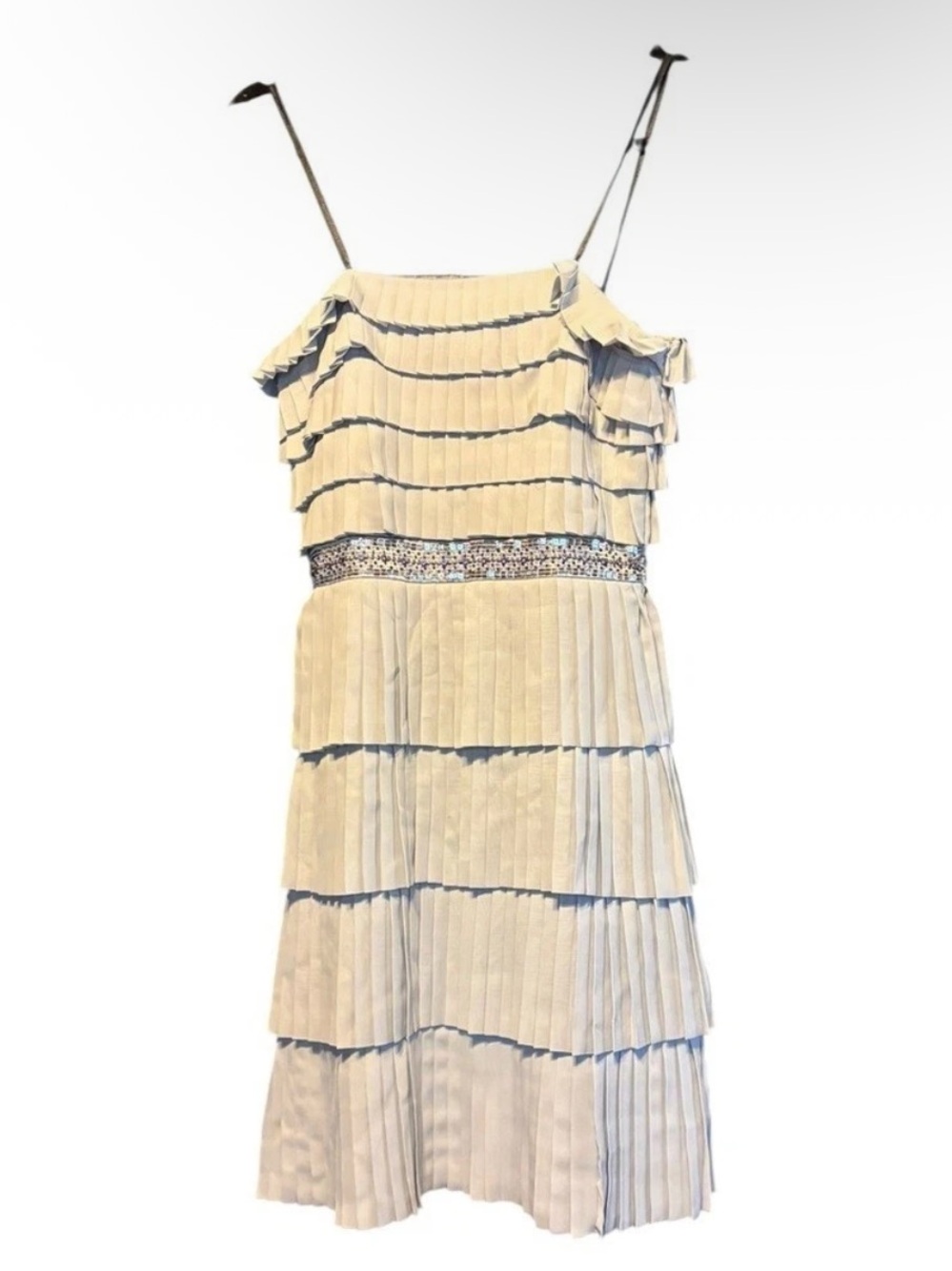 BCBG MAXAZRIA Petite Gray Pleated Tiered Beaded Belt Strapless Dress Size 0